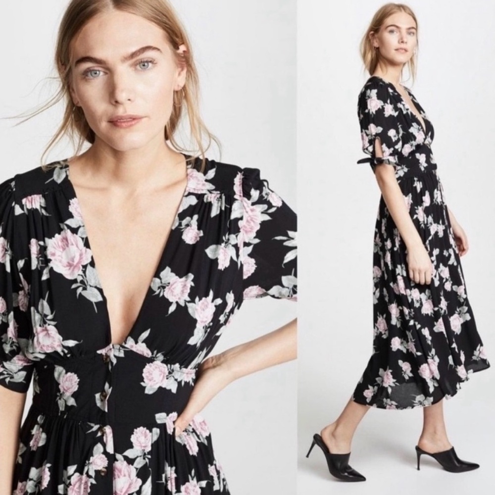 Free People Love of My Life Black Floral Print Midi Dress Size S